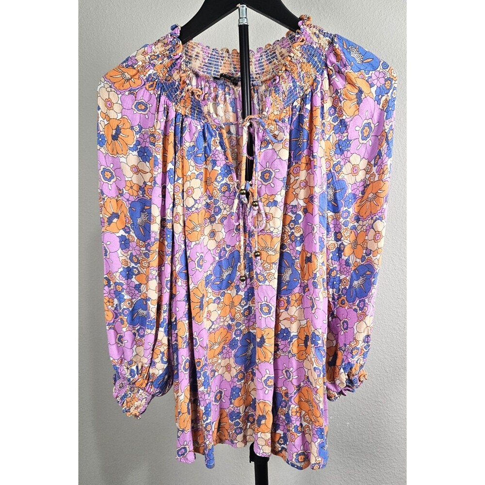 Rachel Zoe XL Floral Peasant Boho Blouse Purple Orange Smocked Tie Neck Top
